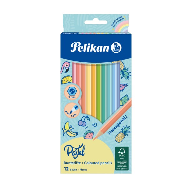 Pelikan Buntstifte sechseckige Holzstifte Packung mit 12 Pastell-Farben